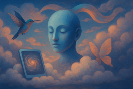 Ilustración surrealista de un rostro azul etéreo flotando entre nubes con elementos simbólicos de inteligencia artificial y tecnología móvil.