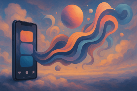 Ilustración surrealista de un smartphone emitiendo cintas de colores en un cielo de nubes, representando el nuevo feed vertical de Netflix
