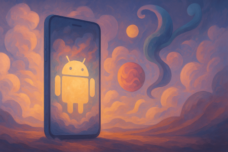 Ilustración surrealista de un teléfono Android en un mundo de nubes de colores