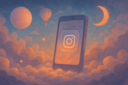 Ilustración surrealista de un teléfono flotando entre nubes que representa el consumo de batería causado por Instagram en dispositivos Android.