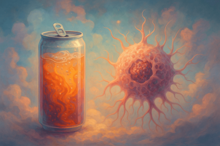 Ilustración surrealista de una bebida energética frente a una célula de leucemia en un entorno onírico y etéreo.