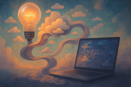 ilustración surrealista de una bombilla iluminada conectada a un portátil mediante nubes, simbolizando la conexión entre inteligencia artificial y desarrollo en GitHub