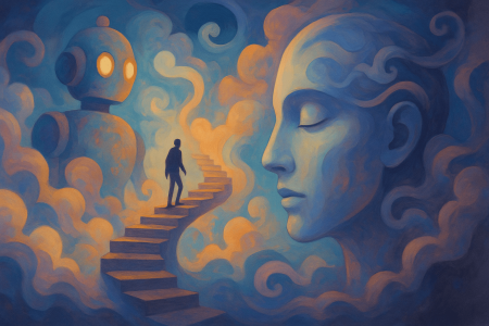 Ilustración surrealista de una figura humana entre un rostro etéreo y un robot gigante, representando el impacto de la IA en el trabajo humano.