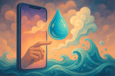 Ilustración surrealista de una gota de agua flotando frente a un smartphone, con una mano tocando la pantalla y olas abstractas alrededor, representando la tecnología de hidratación móvil