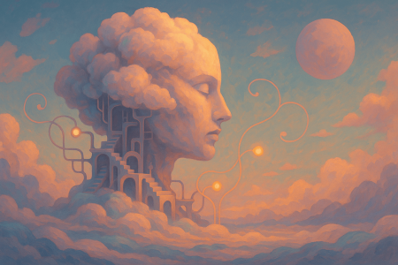 Ilustracion-surrealista-de-una-inteligencia-artificial-con-forma-de-cabeza-de-nube-y-arquitectura-fantastica