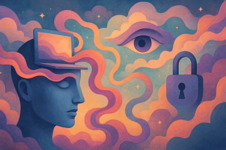 Ilustración surrealista de una inteligencia artificial limitada por la censura, con cabeza humana, laptop abierto, nubes, ojo y candado flotante.