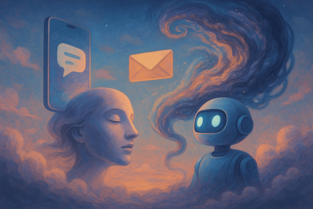 Ilustración surrealista de una inteligencia artificial y un rostro humano flotando entre nubes con íconos digitales, representando la fusión de Telegram y xAI