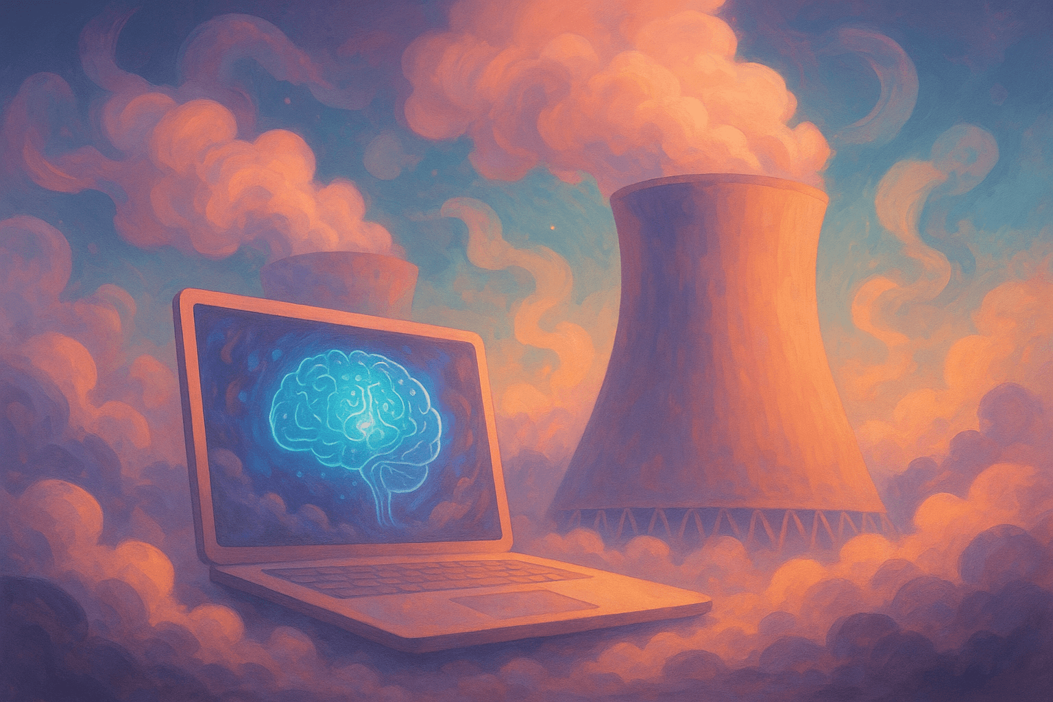 Ilustración surrealista de una laptop con cerebro digital frente a torres de refrigeración nuclear entre nubes