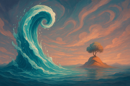 Ilustración surrealista de una ola en espiral junto a una isla con un árbol, representando el agua en videojuegos