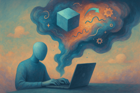 Ilustración surrealista que representa a un agente de inteligencia artificial escribiendo código con un flujo creativo onírico