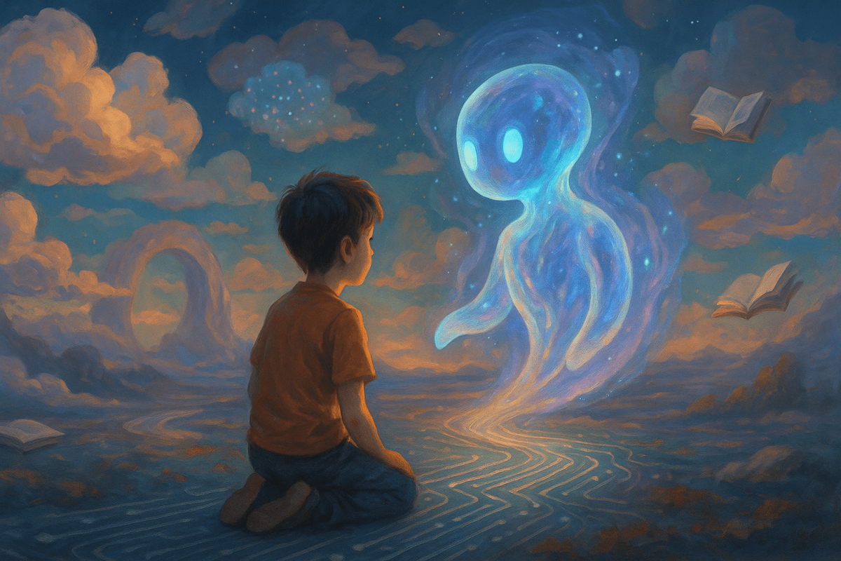 Ilustración surrealista de un niño interactuando con un ser de inteligencia artificial en un paisaje onírico digital