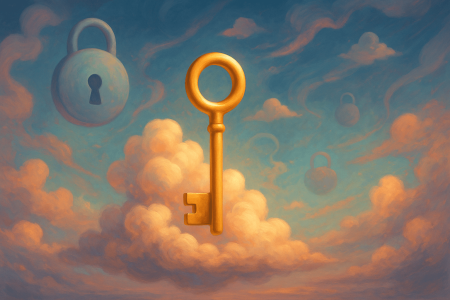 Llave dorada flotando sobre nube, rodeada de candados, simbolizando seguridad digital y Microsoft Authenticator