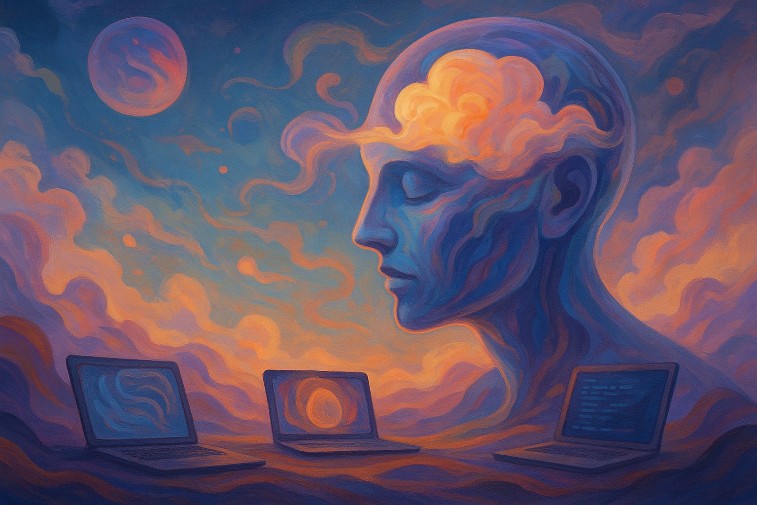 Cabeza surrealista con cerebro luminoso y ordenadores, simbolizando la IA Gemini en el desarrollo de software.