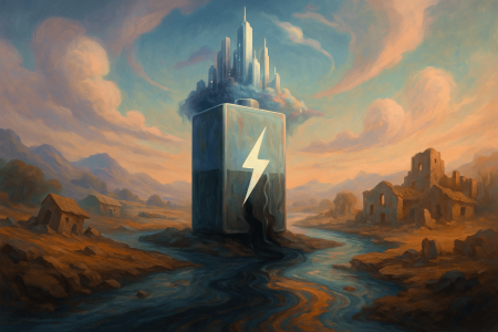 Ilustración surrealista de una batería gigante que vierte líquidos oscuros en un río contaminado, mientras una ciudad futurista flota sobre ella y pueblos ruinosos se disuelven en el entorno