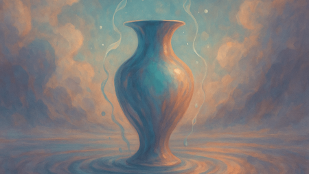 Líquido autoformativo en forma de urna emergiendo de una superficie ondulada, ilustración digital surrealista en colores armoniosos