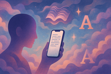 Ilustración surrealista de una persona leyendo en móvil con elementos que simbolizan inteligencia artificial simplificando textos complejos