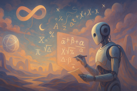 Ilustración surrealista de inteligencia artificial resolviendo problemas matemáticos complejos en un paisaje onírico