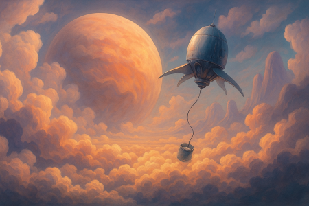 Ilustración digital surrealista de una nave recolectando muestras en las nubes de Venus, con atmósfera fantástica, nubes ácidas suaves y luz armoniosa, representando la exploración espacial y la búsqueda de vida extraterrestre.