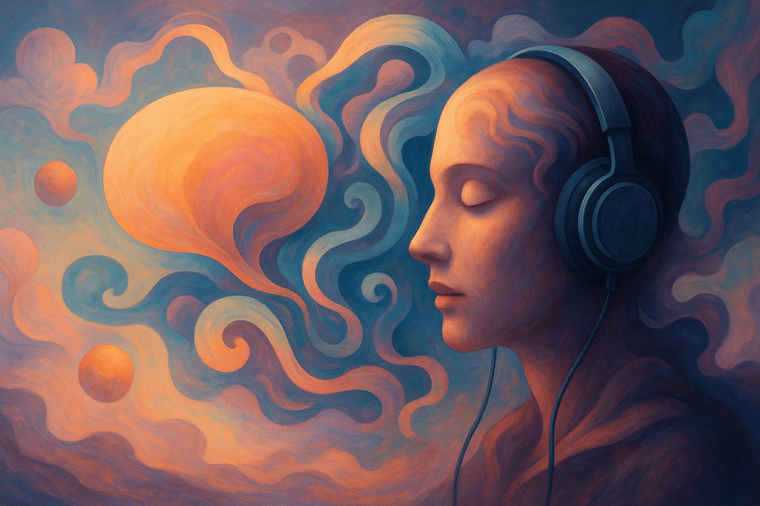 Mujer con auriculares sumida en una conversación con inteligencia artificial, ilustración surrealista con colores suaves y formas abstractas.