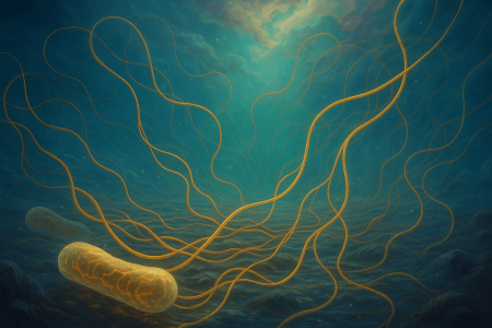 Ilustración digital de bacterias eléctricas como cables dorados en un paisaje submarino onírico