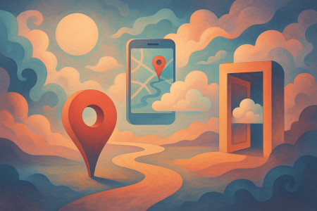 Paisaje surrealista con marcador de ubicación, móvil flotante con mapa y puerta abierta entre nubes, simbolizando la función de Google Maps con inteligencia artificial.