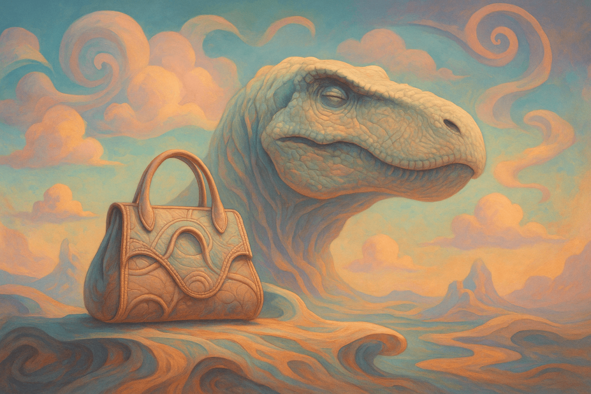Ilustración surrealista de un T. rex con un bolso de cuero simbólico en un paisaje de ensueño, inspirada en el proyecto de biofabricación de cuero de dinosaurio.