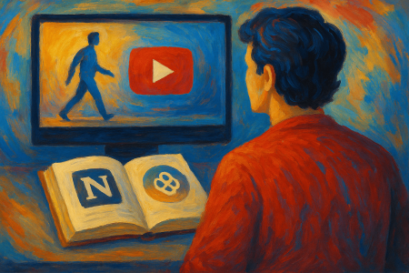 Persona-observando-un-video-educativo-generado-por-IA-en-una-pantalla-con-un-libro-abierto-que-muestra-los-logos-de-Notion-y-NotebookLM