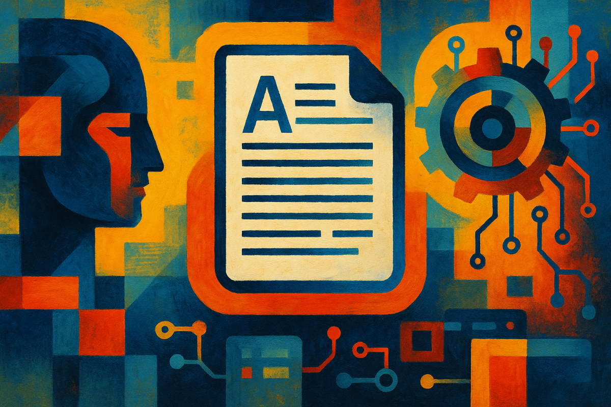 Pintura abstracta digital colorida que representa la inteligencia artificial procesando documentos, con un perfil humano, un archivo digital y engranajes conectados por circuitos