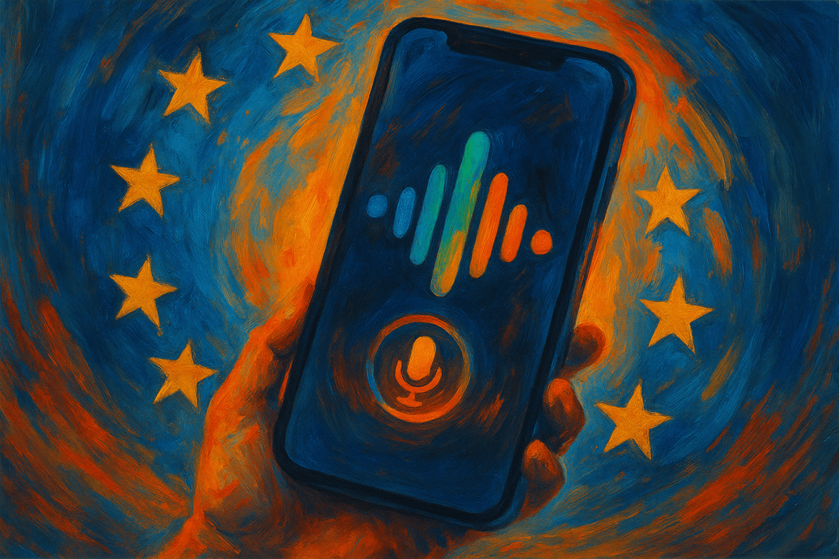 Pintura al óleo de un teléfono móvil con asistente de voz en pantalla, sostenido por una mano, sobre un fondo abstracto con estrellas doradas del símbolo de la Unión Europea