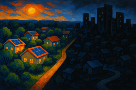 Pintura al óleo que muestra una comunidad rica iluminada por energía solar junto a un barrio pobre sumido en la oscuridad, simbolizando la desigualdad energética en Sudáfrica.