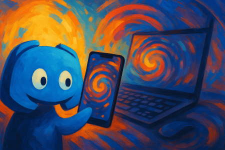 Pintura artística del personaje de Discord sosteniendo un móvil frente a un ordenador portátil con remolinos de colores,