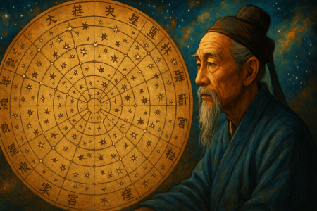 Pintura colorida de un sabio chino antiguo observando un mapa estelar detallado, con fondo cósmico y estética artística inspirada en manuscritos históricos.