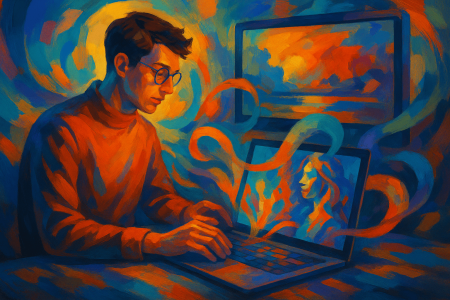 Pintura digital abstracta de un joven editando imágenes con inteligencia artificial, rodeado de colores vibrantes que representan creatividad y tecnología avanzada.