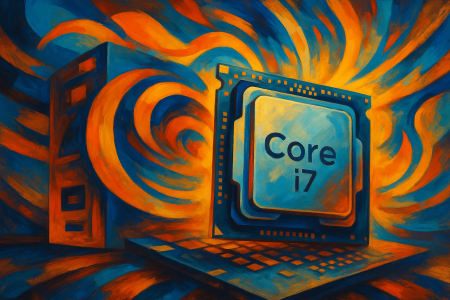 Pintura digital abstracta que representa un procesador Intel Core i7 en un entorno colorido, con formas dinámicas que simbolizan velocidad, eficiencia y tecnología de vanguardia