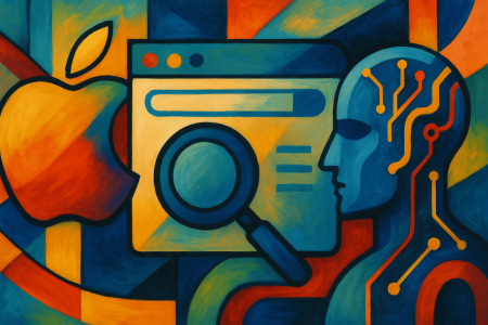 Pintura digital abstracta y colorida que representa la integración de inteligencia artificial en Safari, con elementos como el logo de Apple, una ventana de navegador y una figura humana con circuitos simbólicos de IA