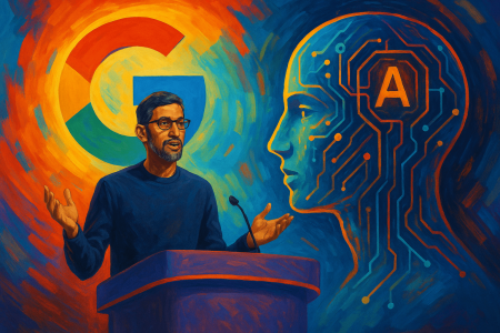 Pintura digital artística con Sundar Pichai en una conferencia de Google, junto a un rostro abstracto de inteligencia artificial y el logotipo de Google, en colores vibrantes y estilo expresionista.