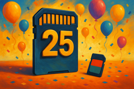 Pintura digital artística y colorida de una tarjeta SD con el número 25 en grande, rodeada de globos y confeti, junto a una microSD, celebrando su aniversario en estilo festivo y simbólico.