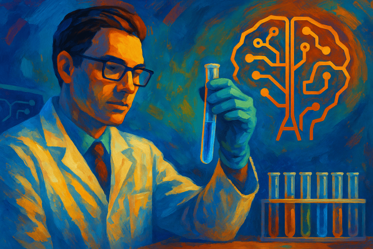 Pintura-digital-de-un-cientifico-analizando-una-probeta-en-un-laboratorio-con-un-simbolo-abstracto-de-cerebro-y-circuitos-