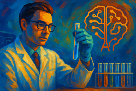 Pintura-digital-de-un-cientifico-analizando-una-probeta-en-un-laboratorio-con-un-simbolo-abstracto-de-cerebro-y-circuitos-