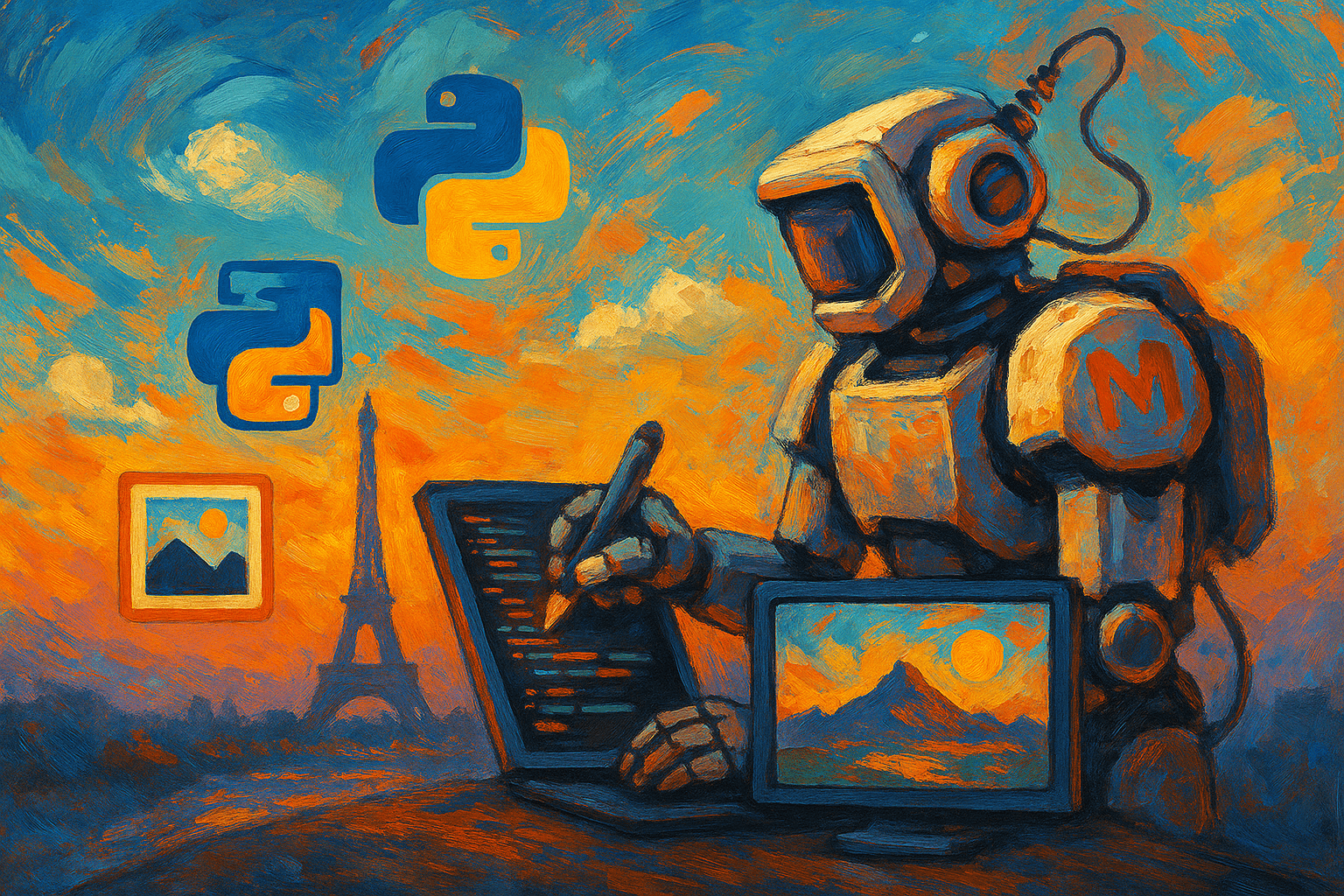 Pintura digital de un robot futurista diseñando código Python y arte visual frente a la Torre Eiffel