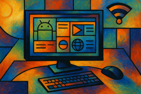 Pintura digital estilo cubista que representa el modo escritorio de Android 16 con interfaz adaptable, colaboración con Samsung y multitarea visualizada en una escena artística y colorida.