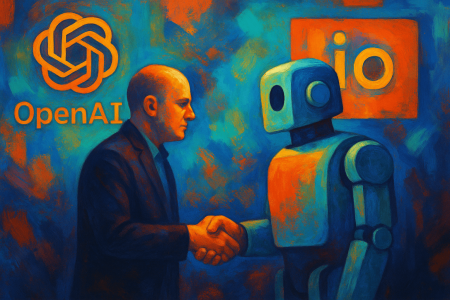 Pintura digital expresionista que representa la fusión entre diseño humano y tecnología inteligente, simbolizando la adquisición de la empresa io por parte de OpenAI