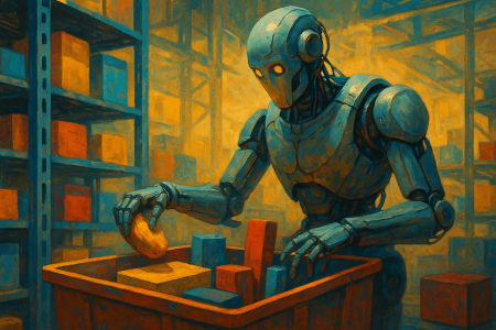 Pintura digital en formato 169 que representa a un robot humanoide manipulando con cuidado productos en un almacén automatizado