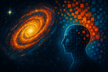Pintura digital que representa una galaxia espiral fusionándose con un patrón digital abstracto
