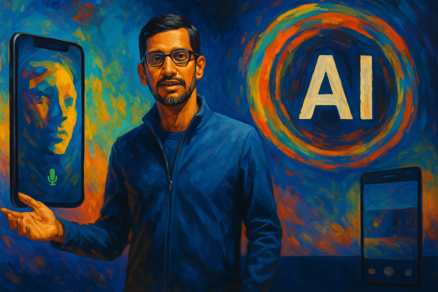 Pintura-digital-vibrante-de-Sundar-Pichai-presentando-Project-Astra-con-moviles-mostrando-inteligencia-artificial-en-tiempo-real-