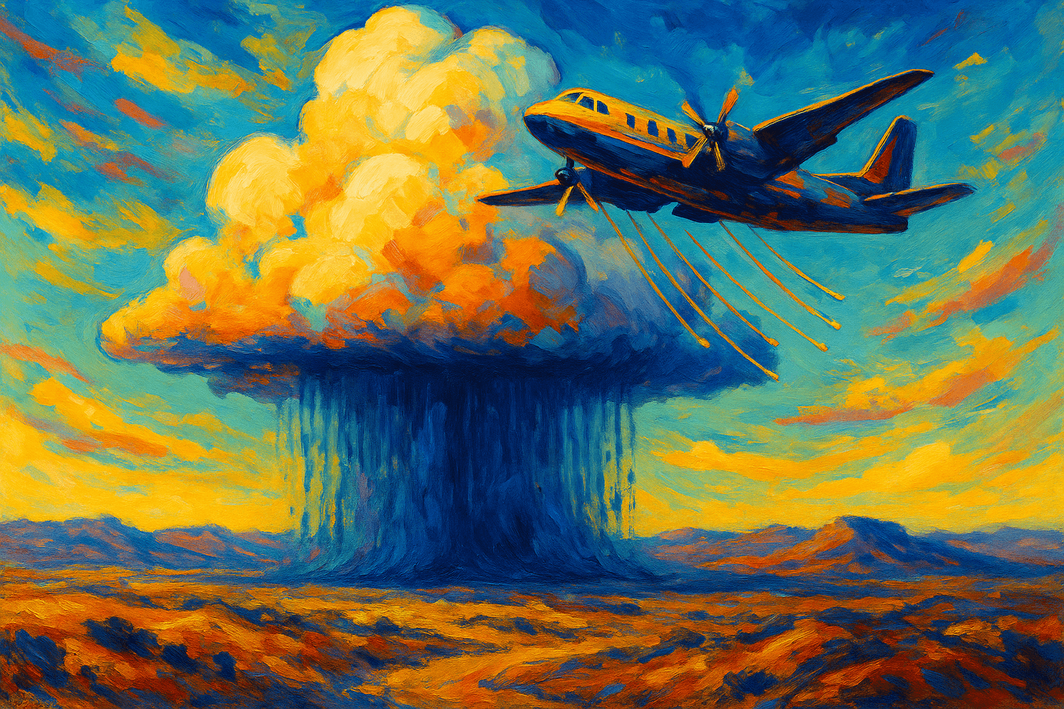 Pintura-expresionista-de-un-avion-sembrando-nubes-sobre-un-desierto