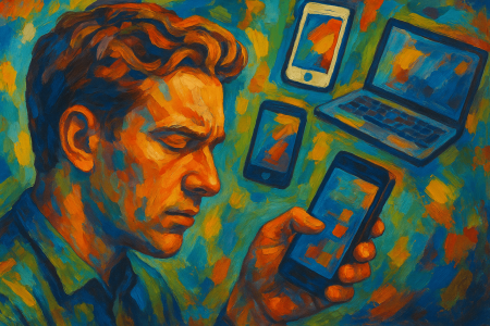 Pintura expresionista de un hombre pensativo rodeado de móviles y un portátil, simbolizando el impacto de la tecnología en la memoria humana, con un estilo artístico colorido y emocional.