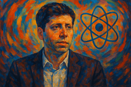 Pintura expresionista en colores intensos que representa a Sam Altman, CEO de OpenAI, rodeado de un vórtice abstracto