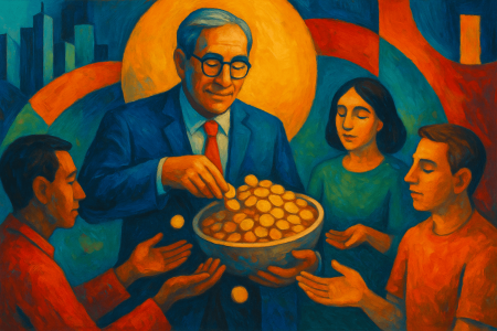 Pintura moderna que representa a un filántropo repartiendo monedas doradas a tres personas