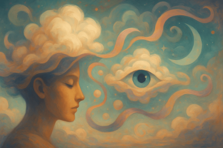 Pintura surrealista que representa la moderación de contenido en redes sociales con un ojo flotante y una figura humana en un entorno onírico.